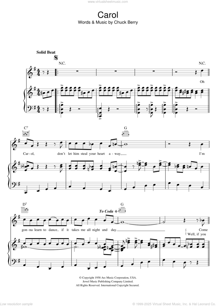 Carol sheet music for voice, piano or guitar by The Rolling Stones and Chuck Berry, intermediate skill level