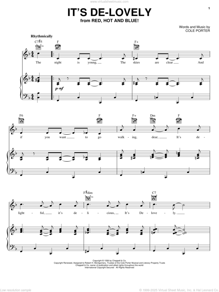 It's De-Lovely sheet music for voice, piano or guitar by Cole Porter, intermediate skill level