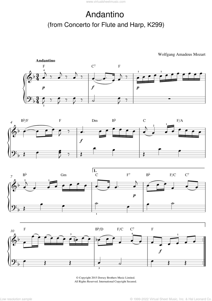 Andantino (from Concerto for Flute and Harp, K299) (excerpt) sheet music for piano solo by Wolfgang Amadeus Mozart, classical score, intermediate skill level