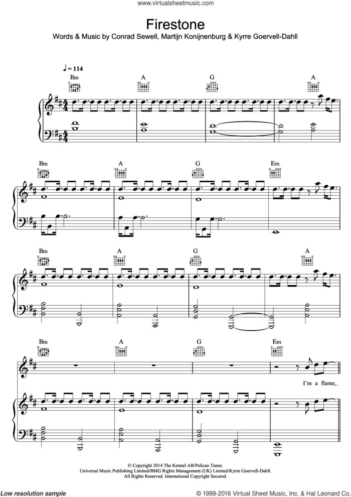 Firestone sheet music for voice, piano or guitar by Kygo, Conrad Sewell, Kyrre Goervell-Dahll and Martijn Konijnenburg, intermediate skill level