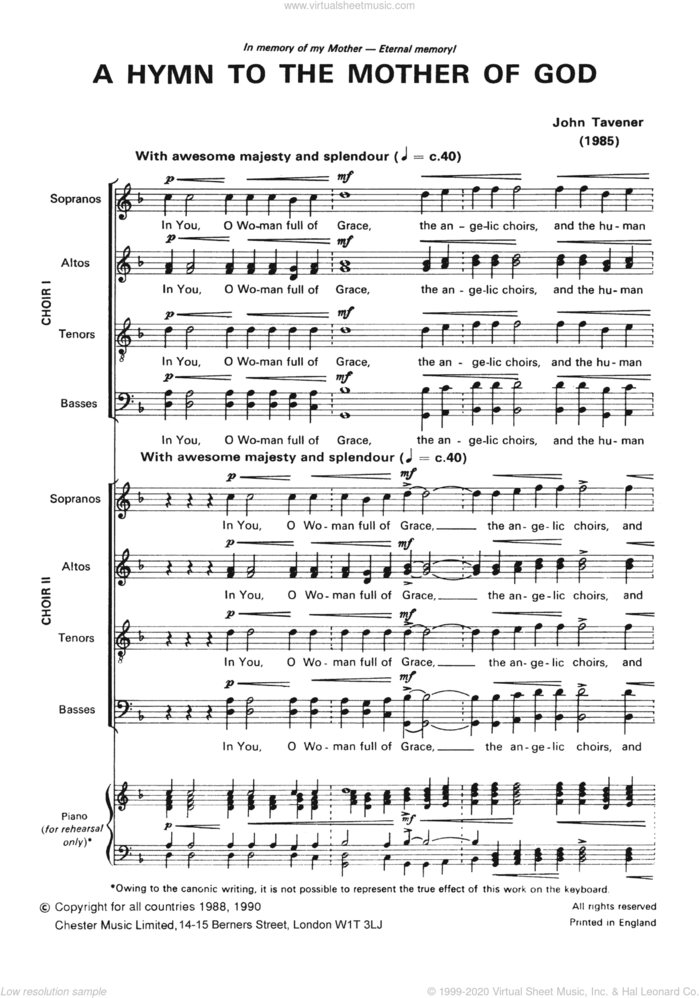 Two Hymns To The Mother Of God sheet music for voice, piano or guitar by John Tavener and Liturgical Text, classical score, intermediate skill level