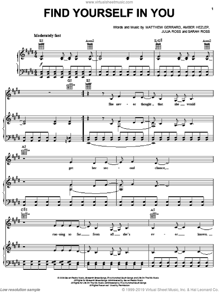 Find Yourself In You sheet music for voice, piano or guitar by Everlife, Hannah Montana, Amber Hezlep, Julia Ross, Matthew Gerrard and Sarah Ross, intermediate skill level