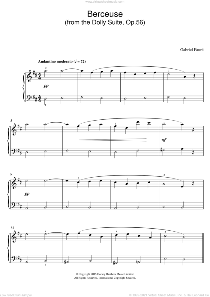 Berceuse (from the Dolly Suite, Op.56) sheet music for voice, piano or guitar by Gabriel Faure, classical score, intermediate skill level