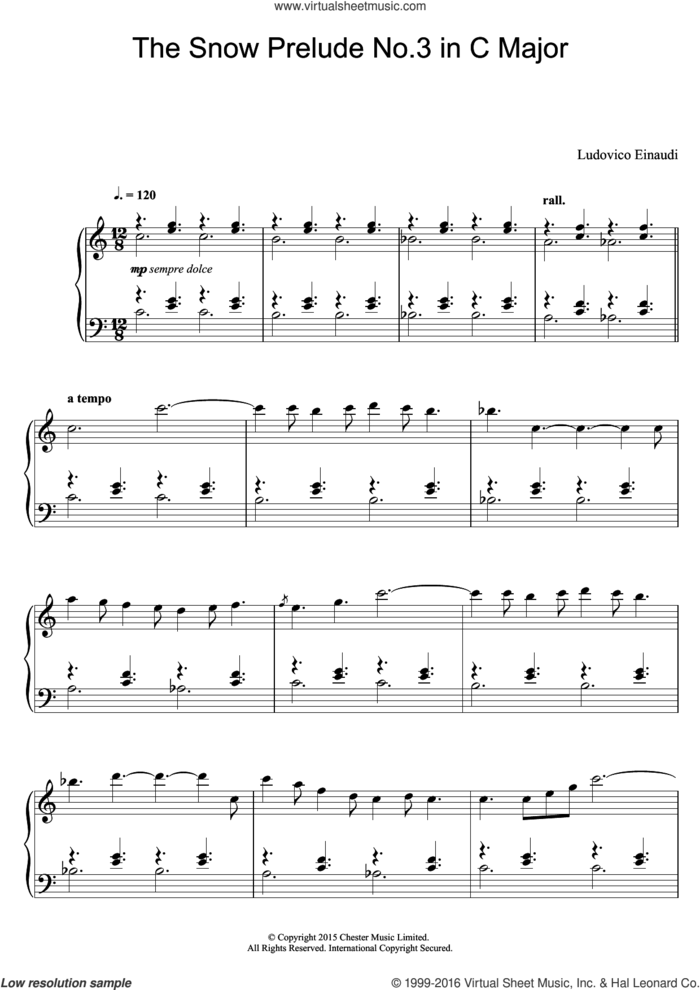 The Snow Prelude No. 3 In C Major sheet music for piano solo by Ludovico Einaudi, classical score, intermediate skill level