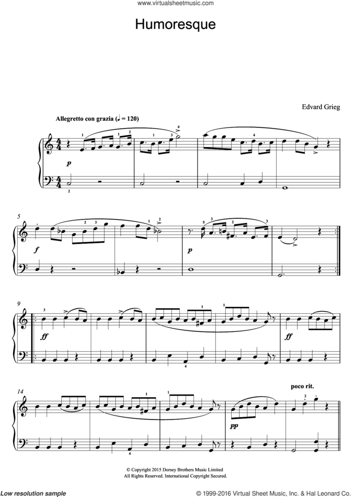 Humoresque sheet music for voice, piano or guitar by Edvard Grieg, classical score, intermediate skill level