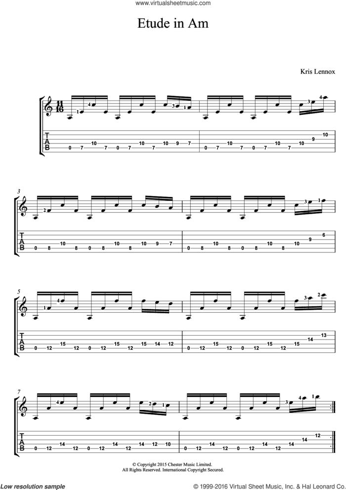 Etude In Am sheet music for guitar (tablature) by Kris Lennox, intermediate skill level