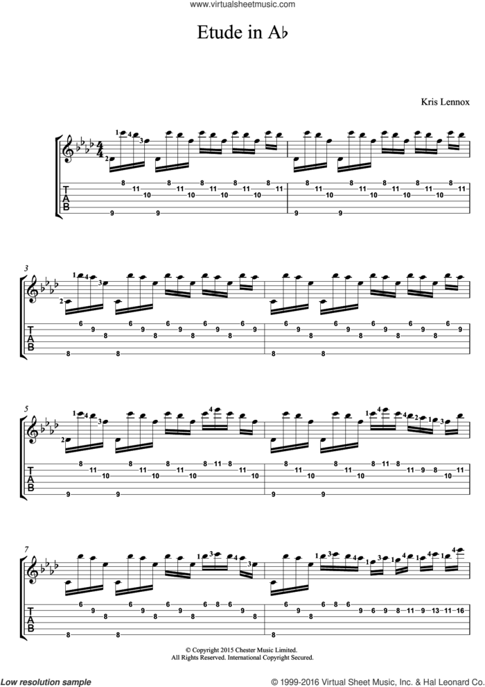 Etude In A Flat sheet music for guitar (tablature) by Kris Lennox, intermediate skill level
