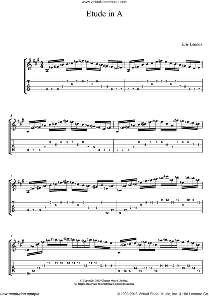Etude In A sheet music for guitar (tablature) by Kris Lennox, intermediate skill level