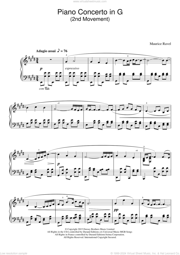 Piano Concerto In G, 2nd Movement 'Adagio Assai' (Excerpt) sheet music for piano solo by Maurice Ravel, classical score, intermediate skill level