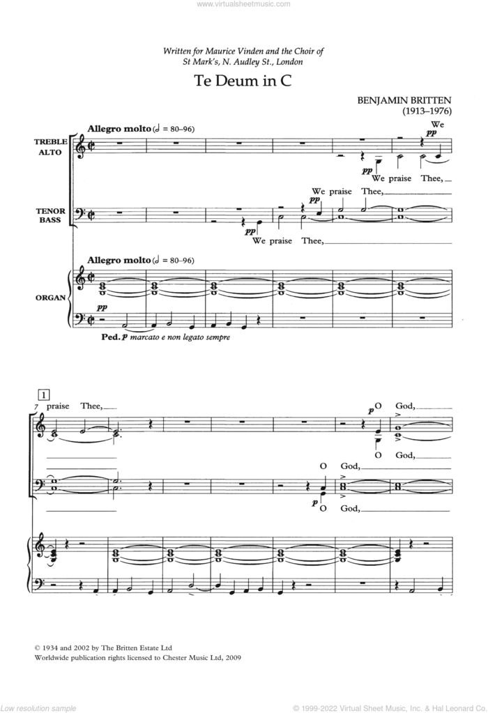 Te Deum In C sheet music for choir by Benjamin Britten and Miscellaneous, classical score, intermediate skill level