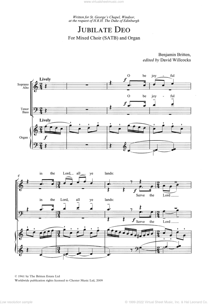 Jubilate Deo In C Major sheet music for choir (SATB: soprano, alto, tenor, bass) by Benjamin Britten, classical score, intermediate skill level