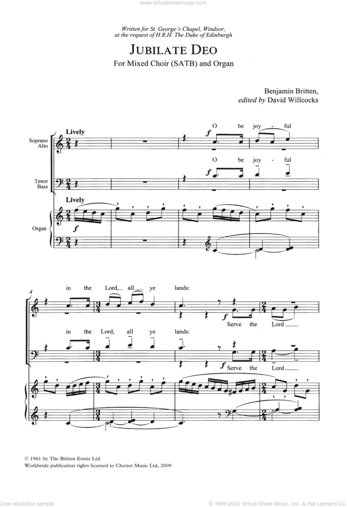 Jubilate Deo In C Major sheet music for choir (SATB: soprano, alto, tenor, bass) by Benjamin Britten, classical score, intermediate skill level