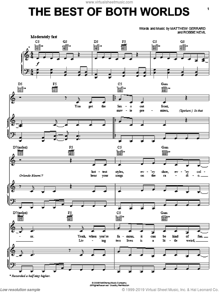 The Best Of Both Worlds sheet music for voice, piano or guitar by Hannah Montana, Hannah Montana (Movie), Miley Cyrus, Matthew Gerrard and Robbie Nevil, intermediate skill level