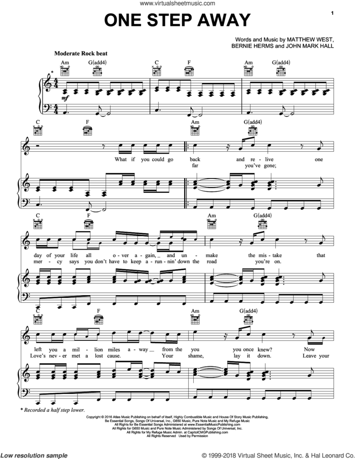 One Step Away sheet music for voice, piano or guitar by Casting Crowns, Bernie Herms, John Mark Hall and Matthew West, intermediate skill level