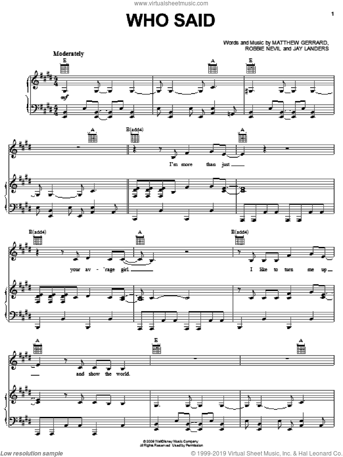Who Said sheet music for voice, piano or guitar by Hannah Montana, Miley Cyrus, Jay Landers, Matthew Gerrard and Robbie Nevil, intermediate skill level
