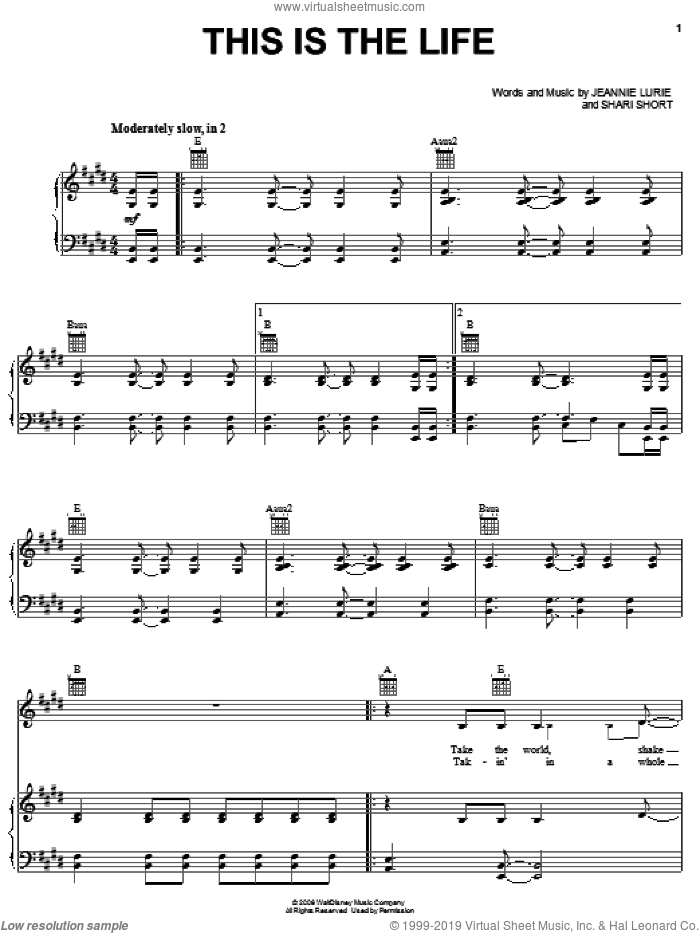This Is The Life sheet music for voice, piano or guitar by Hannah Montana, Miley Cyrus, Jeannie Lurie and Shari Short, intermediate skill level