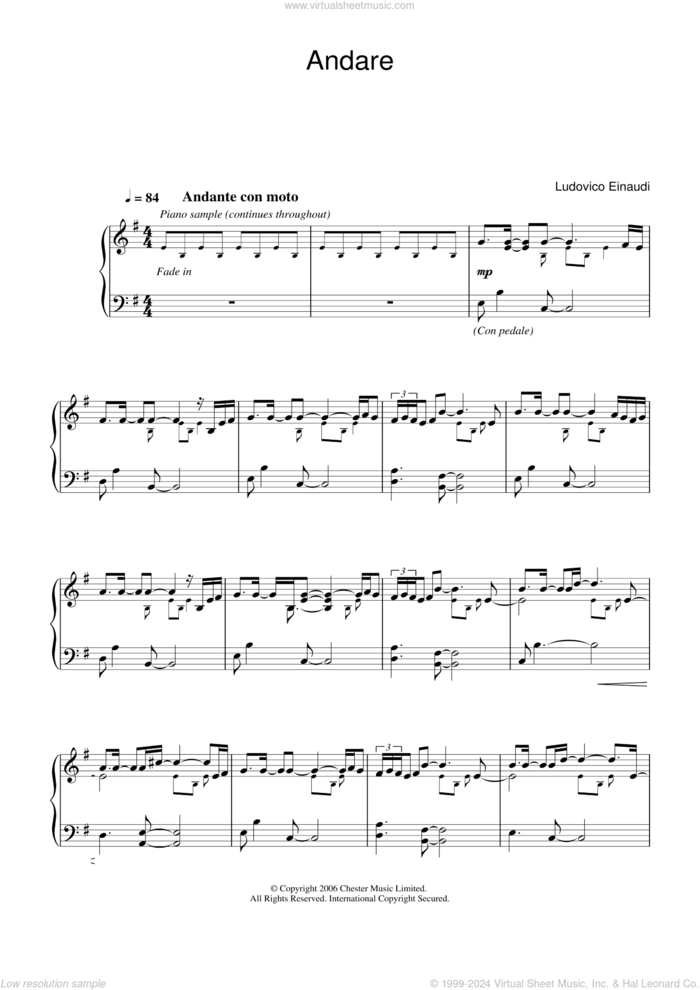 Andare sheet music for piano solo by Ludovico Einaudi, classical score, intermediate skill level