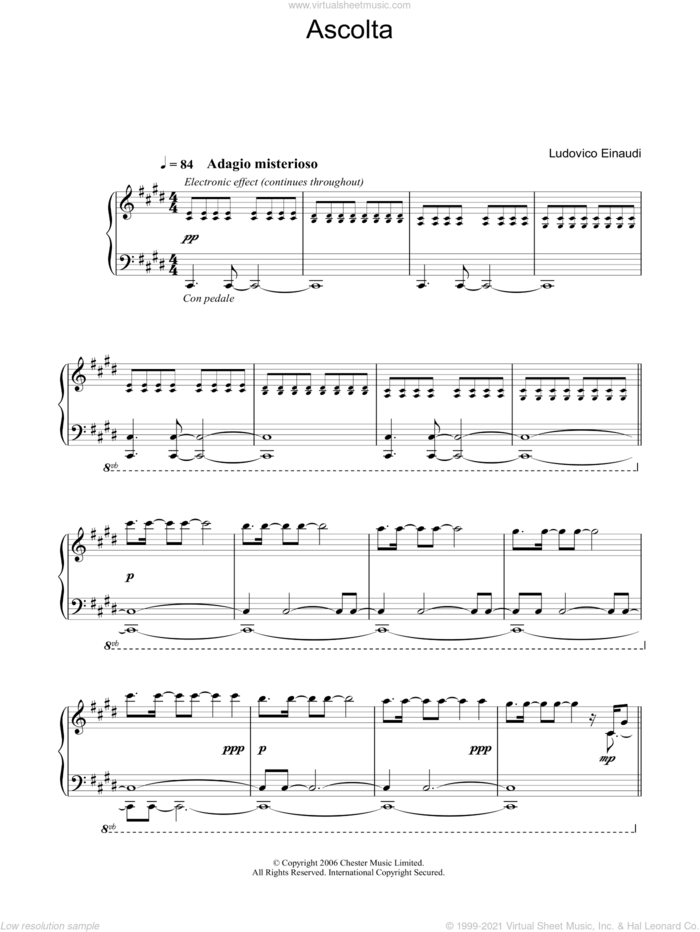 Ascolta sheet music for piano solo by Ludovico Einaudi, classical score, intermediate skill level