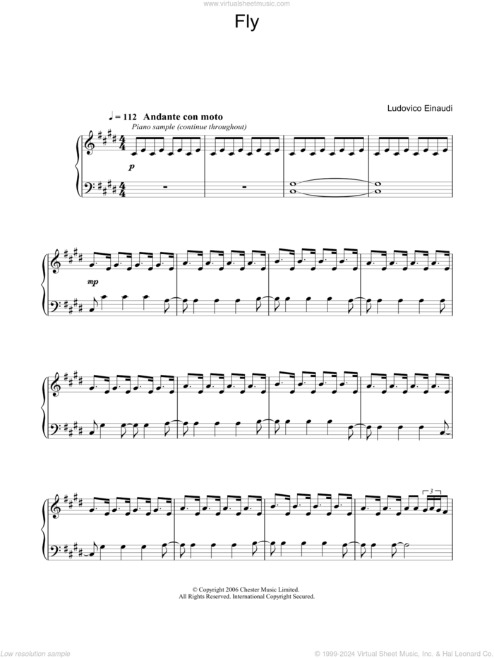 Fly, (intermediate) sheet music for piano solo by Ludovico Einaudi, classical score, intermediate skill level