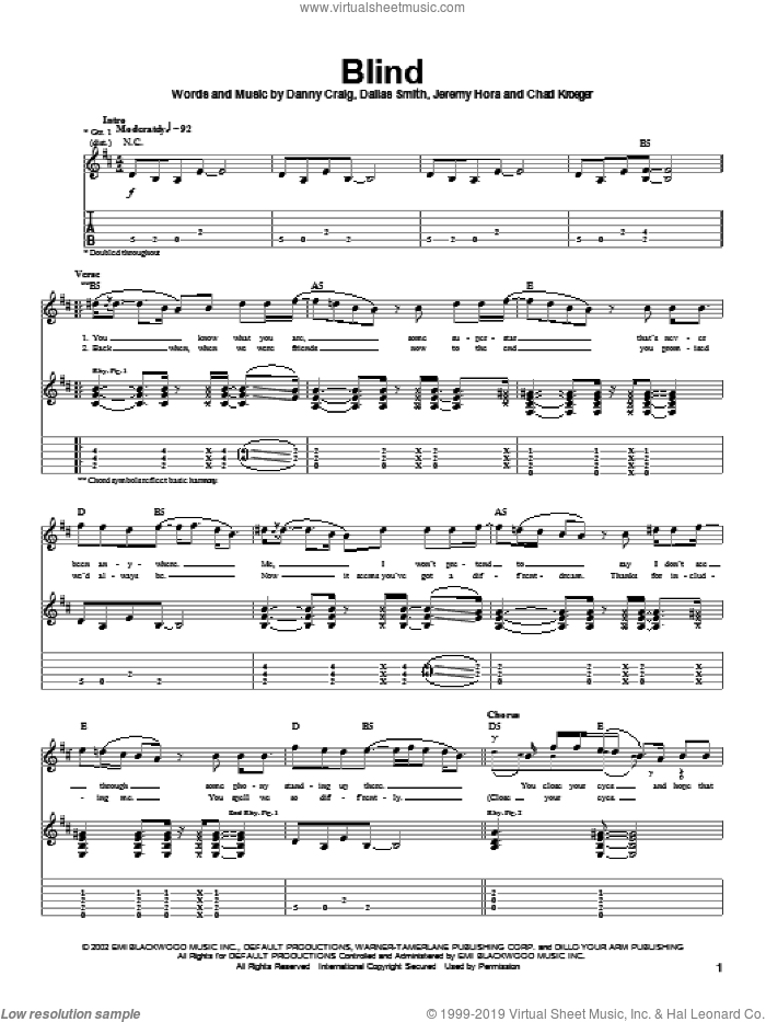 Blind sheet music for guitar (tablature) by Default, Spider-Man (Movie), Chad Kroeger, Dallas Smith and Danny Craig, intermediate skill level