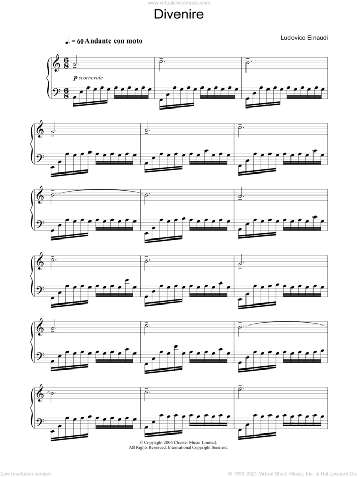 Divenire sheet music for piano solo by Ludovico Einaudi, classical score, intermediate skill level