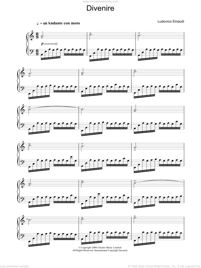 Divenire sheet music for piano solo by Ludovico Einaudi, classical score, intermediate skill level