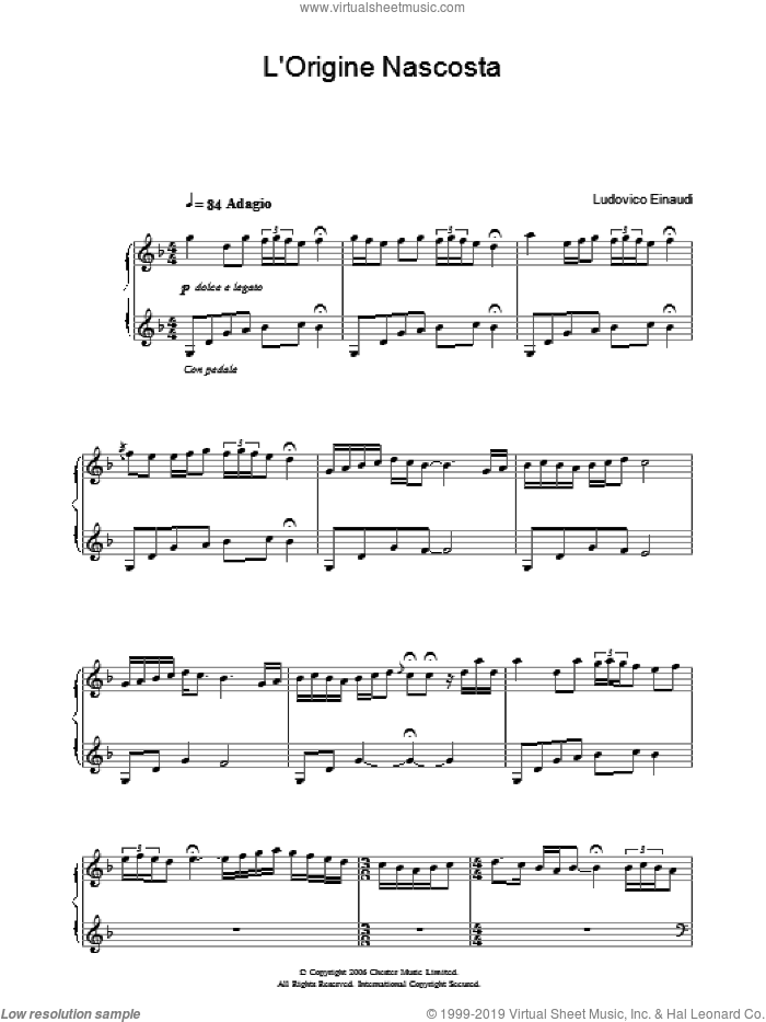 L'Origine Nascosta sheet music for piano solo by Ludovico Einaudi, classical score, intermediate skill level