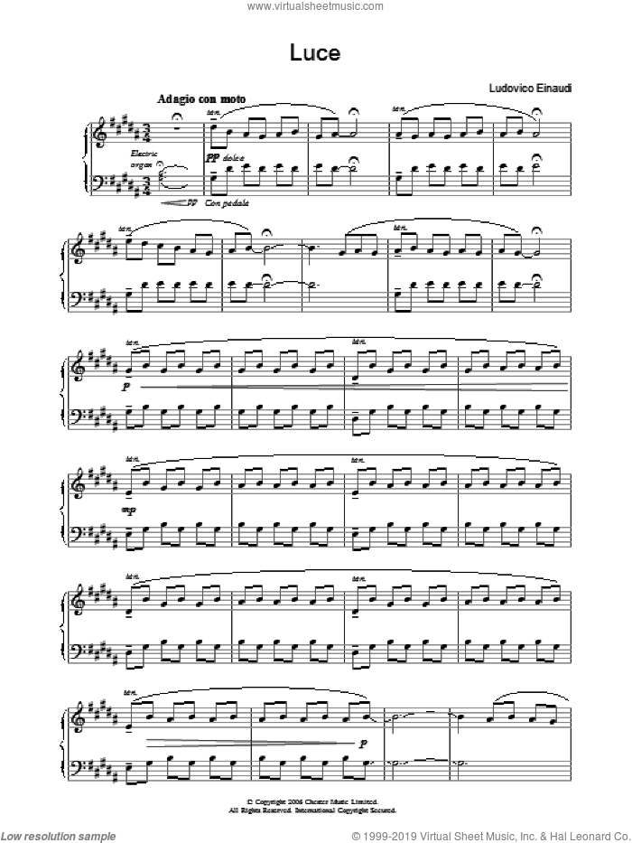 Luce sheet music for piano solo by Ludovico Einaudi, classical score, intermediate skill level