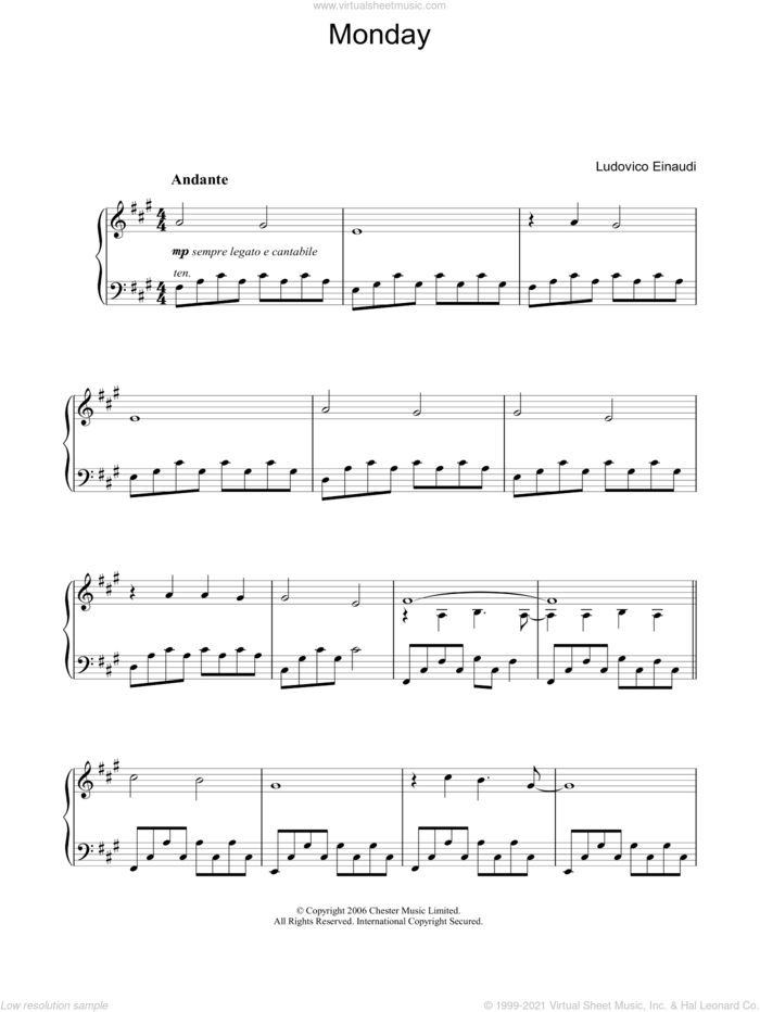 Monday sheet music for piano solo by Ludovico Einaudi, classical score, intermediate skill level