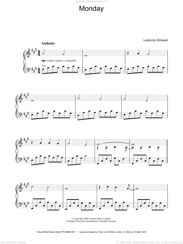 Monday sheet music for piano solo by Ludovico Einaudi, classical score, intermediate skill level