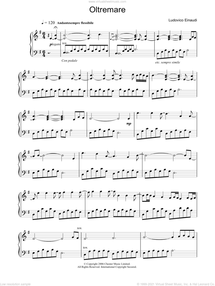 Oltremare sheet music for piano solo by Ludovico Einaudi, classical score, intermediate skill level
