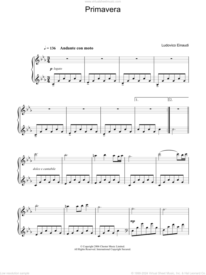 Primavera sheet music for piano solo by Ludovico Einaudi, classical score, intermediate skill level