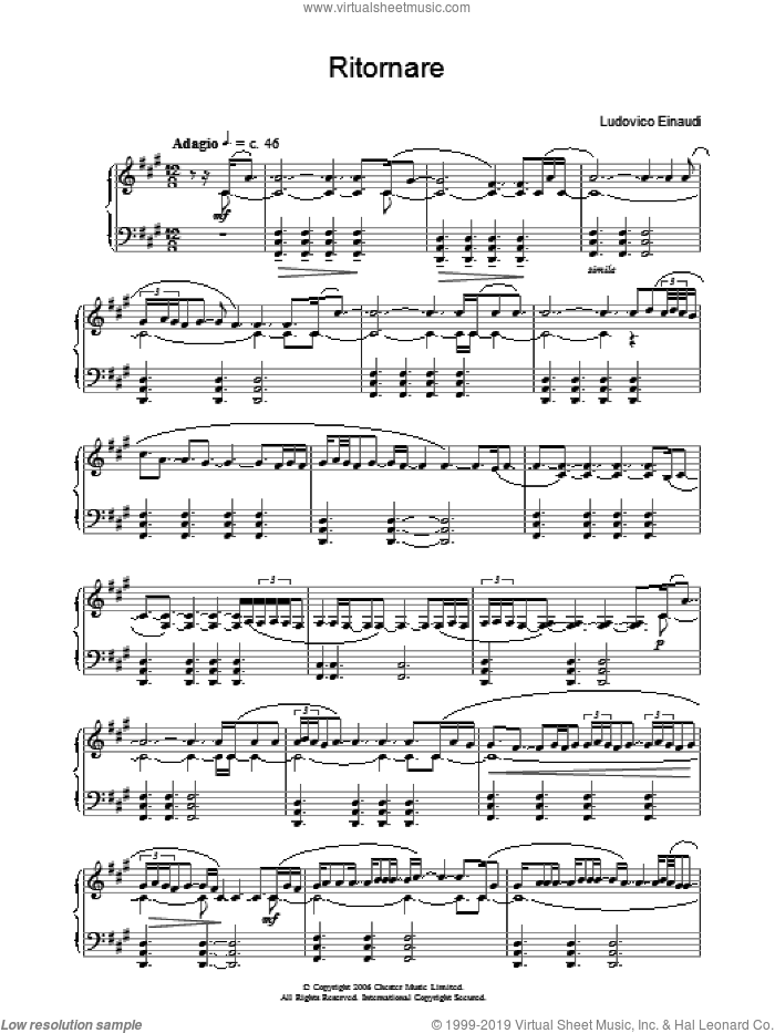 Ritornare sheet music for piano solo by Ludovico Einaudi, classical score, intermediate skill level