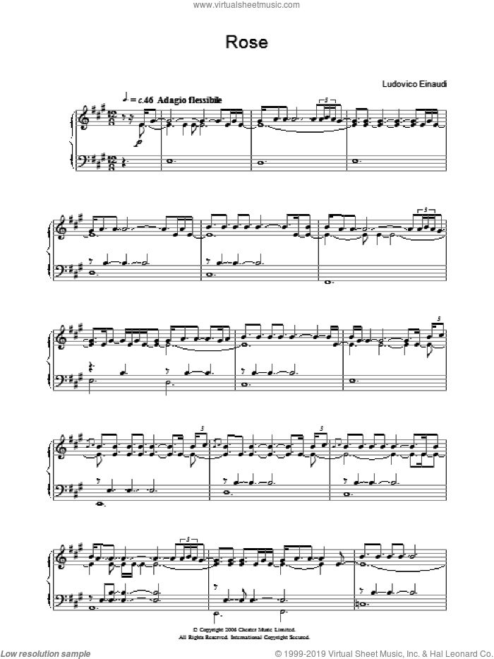 Rose sheet music for piano solo by Ludovico Einaudi, classical score, intermediate skill level