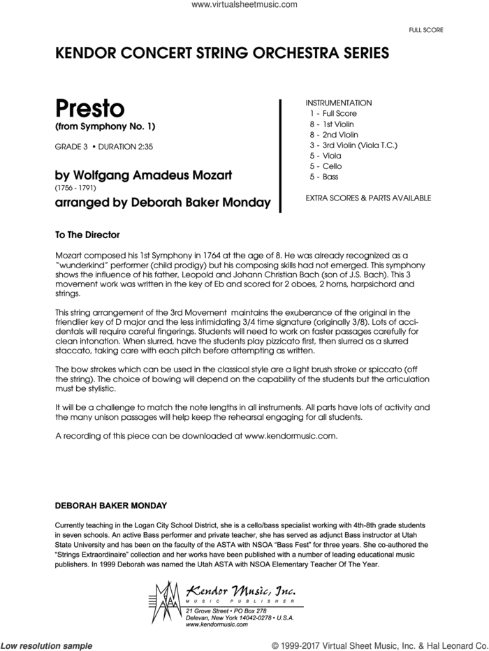 Presto (from Symphony No. 1) (COMPLETE) sheet music for orchestra by Wolfgang Amadeus Mozart and Deborah Baker Monday, classical score, intermediate skill level