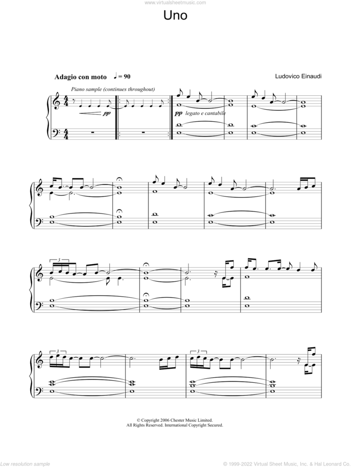 Uno sheet music for piano solo by Ludovico Einaudi, classical score, intermediate skill level