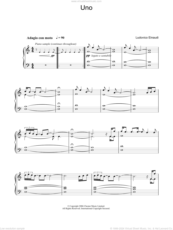 Uno sheet music for piano solo by Ludovico Einaudi, classical score, intermediate skill level