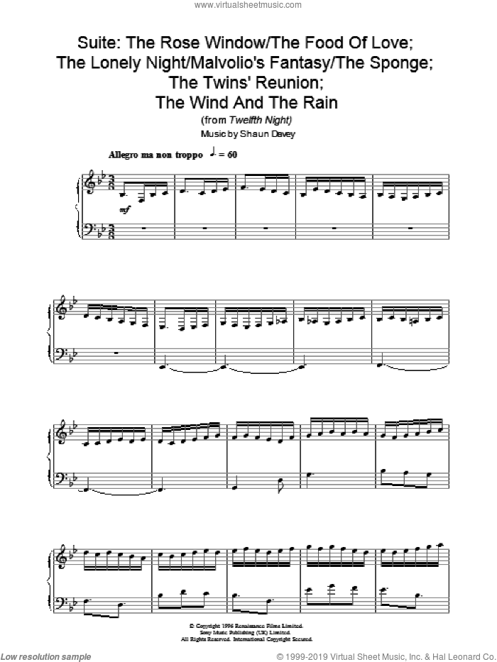 Rose Window / Food Of Love; Lonely Night / Malvolio's Fantasy / The Sponge; Twins Reunion; Wind Rain sheet music for piano solo by Shaun Davey, intermediate skill level