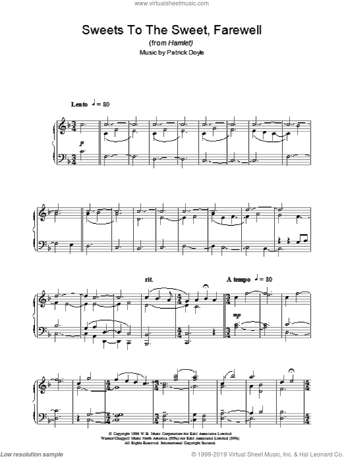 Sweets To The Sweet, Farewell (from Hamlet) sheet music for piano solo by Patrick Doyle, intermediate skill level