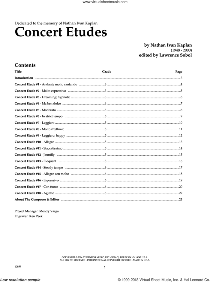 Concert Etudes sheet music for flute or other wind instruments by Lawrence Sobol and Kaplan, intermediate skill level