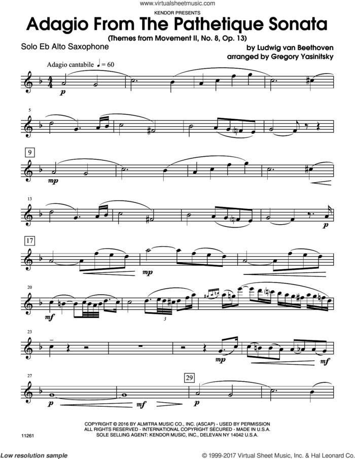 Adagio From The Pathetique Sonata (Themes From Movement II, No. 8, Op. 13) (complete set of parts) sheet music for alto saxophone and piano by Ludwig van Beethoven and Yasinitsky, classical score, intermediate skill level