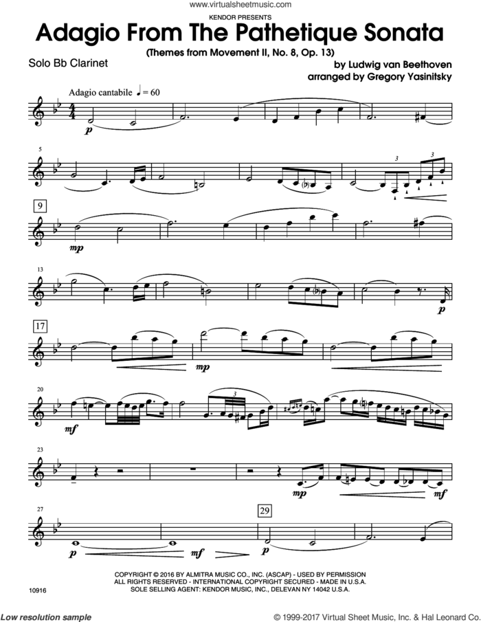 Adagio From The Pathetique Sonata (Themes From Movement II, No. 8, Op. 13) (complete set of parts) sheet music for clarinet and piano by Ludwig van Beethoven and Yasinitsky, classical score, intermediate skill level