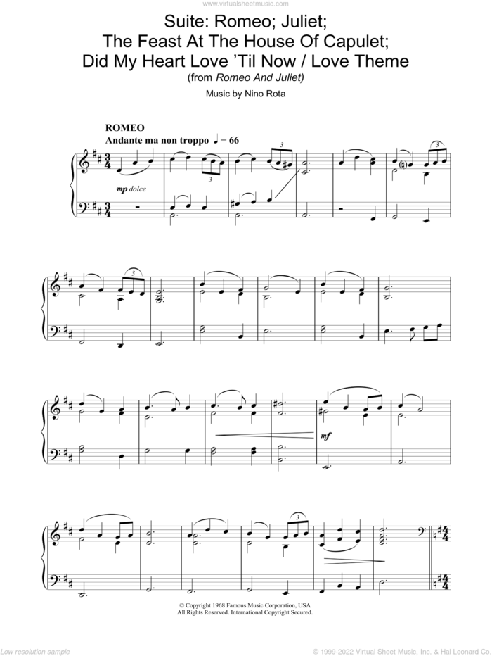 Suite: Romeo; Juliet; The Feast At The House Of Capulet; Did My Heart Love 'Til Now / Love Theme sheet music for piano solo by Nino Rota, intermediate skill level