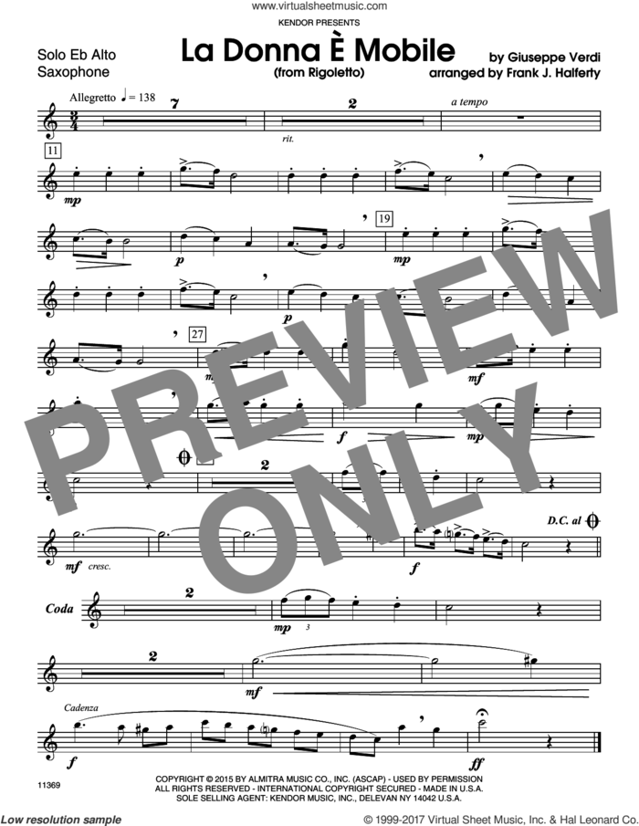 La Donna E Mobile (from Rigoletto) (complete set of parts) sheet music for alto saxophone and piano by Giuseppe Verdi and Frank J. Halferty, classical score, intermediate skill level