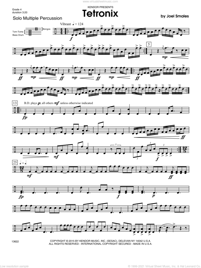 Tetronix sheet music for percussions by Joel Smales, intermediate skill level