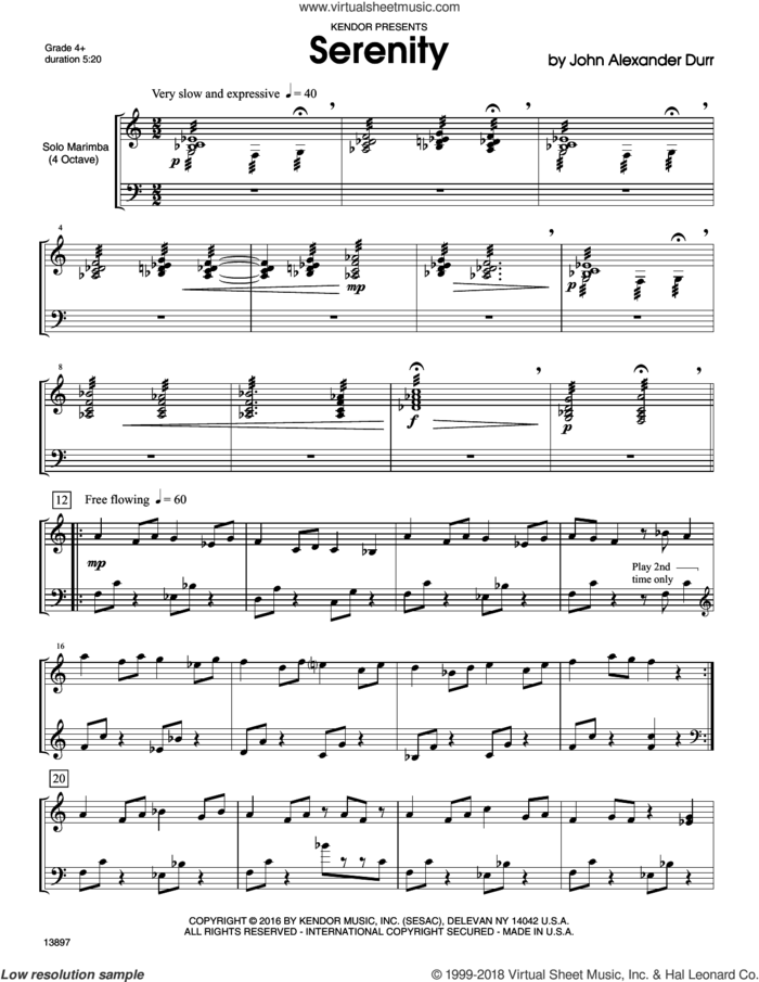 Serenity sheet music for percussions by John Alexander Durr, intermediate skill level