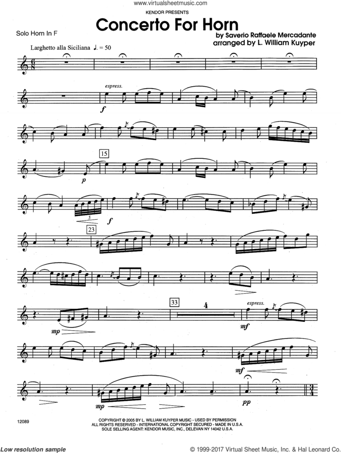 Concerto For Horn (complete set of parts) sheet music for horn and piano by William Kuyper and Mercadante, intermediate skill level