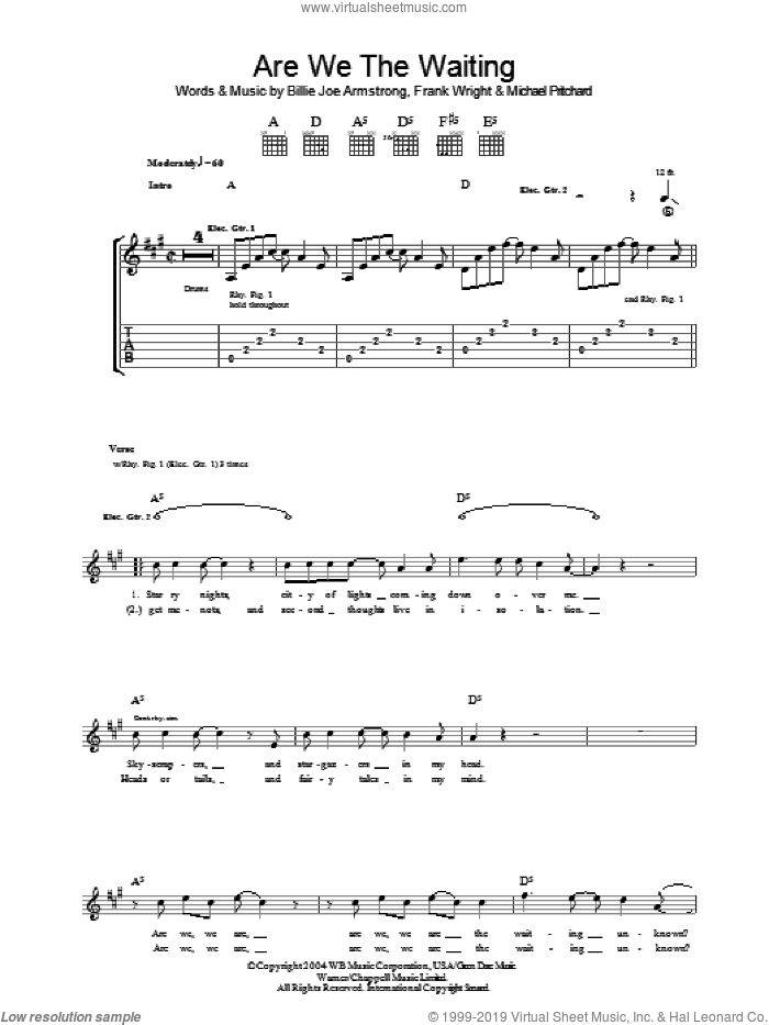 Are We The Waiting sheet music for guitar (tablature) by Green Day, Billie Joe Armstrong, Frank Wright and Mike Pritchard, intermediate skill level