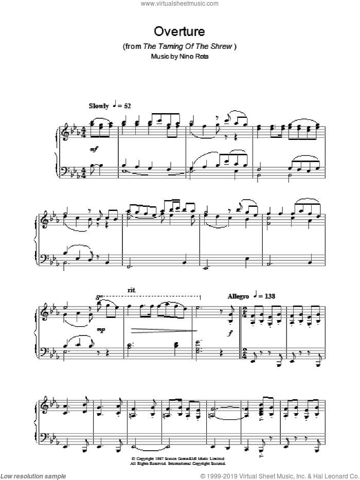 Overture (from The Taming Of The Shrew) sheet music for piano solo by Nino Rota, intermediate skill level