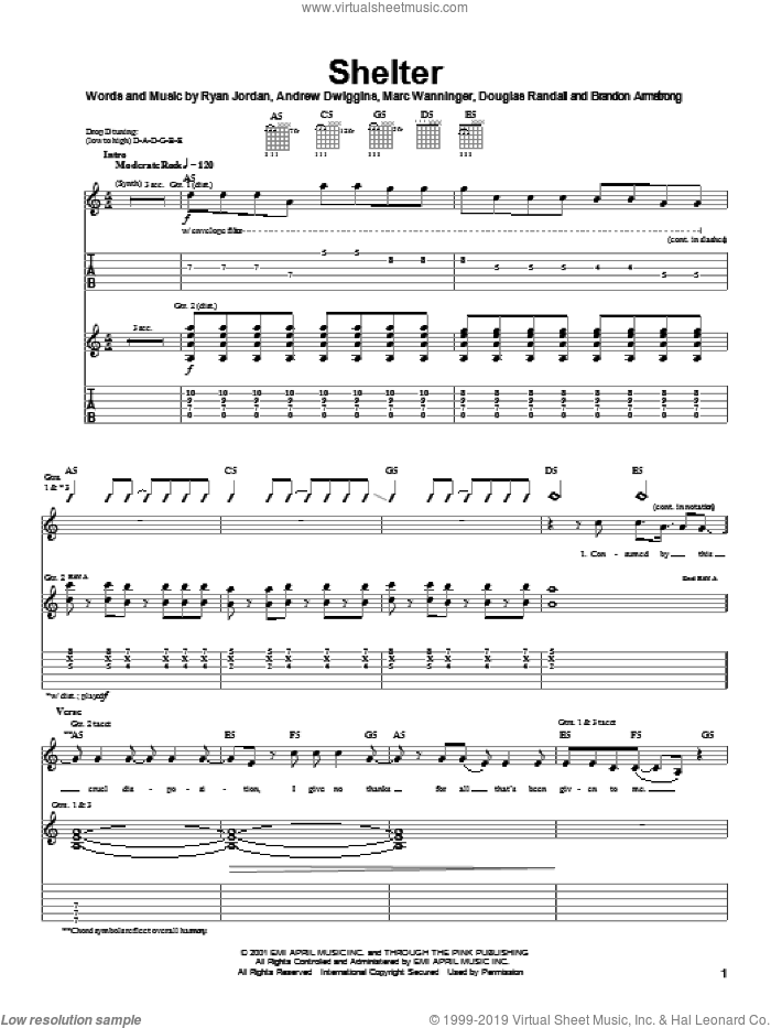 Shelter sheet music for guitar (tablature) by Greenwheel, Spider-Man (Movie), Andrew Dwiggins, Brandon Armstrong and Douglas Randall, intermediate skill level